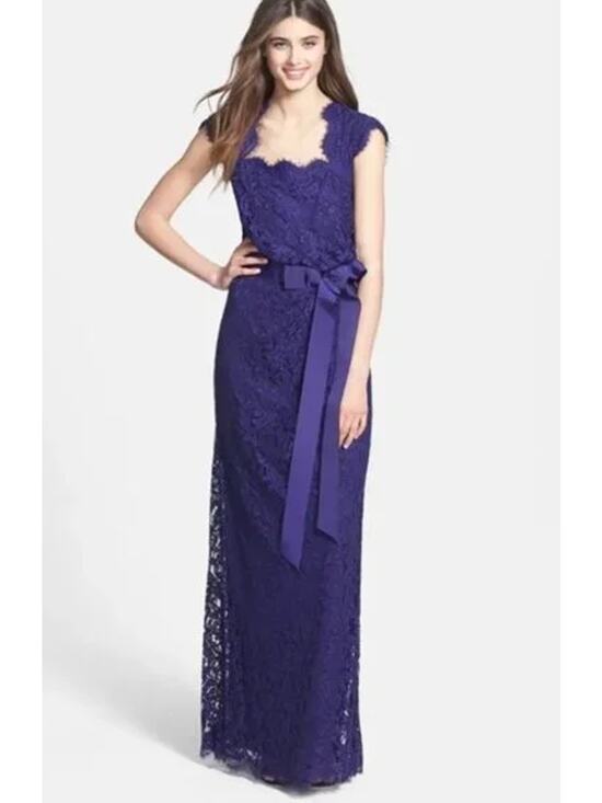 Tadashi Shoji Dresses & Skirts - Tadashi Shoji Cap Sleeve Lined Ribbon Tie Sash Lace Long Gown Blue Womens Size 6